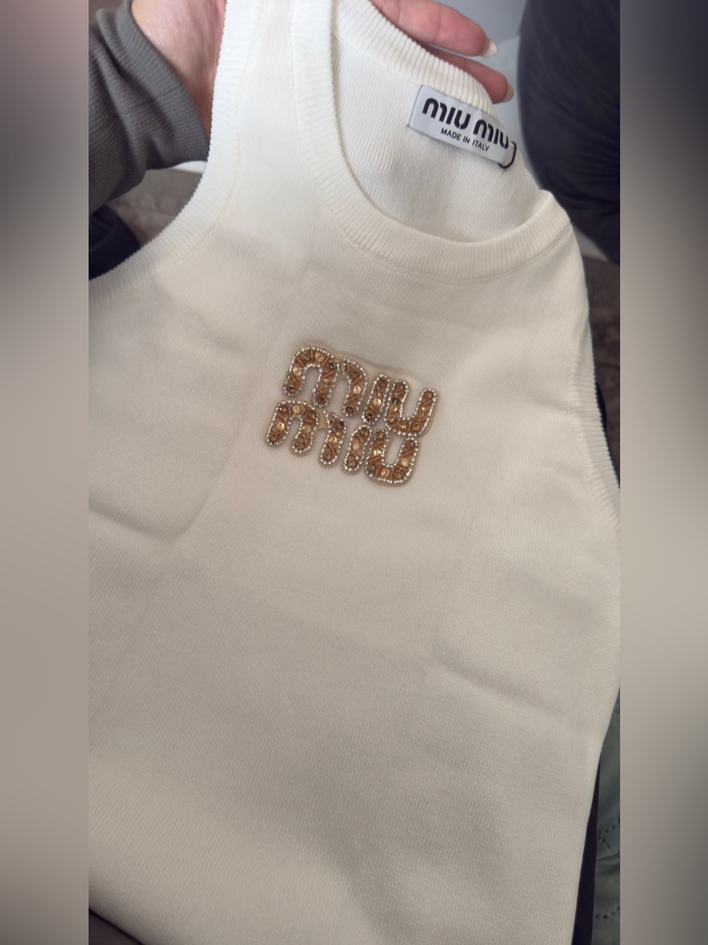 Miu Miu Cream Tank Top with Gold Beaded Logo